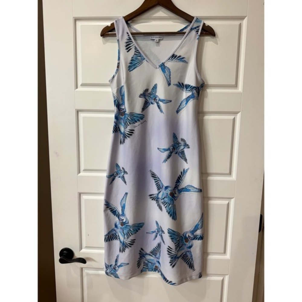 Ala von Auersperg Blue Bird Print Midi Dress Small Coastal Resort Wearable Art - Picture 2 of 11